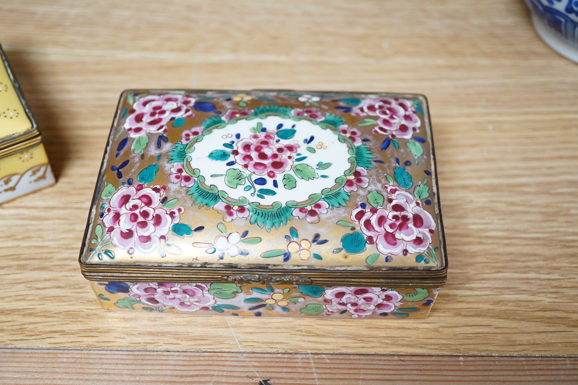Two rectangular gilt mounted French porcelain trinket boxes, 12cm x8cm
